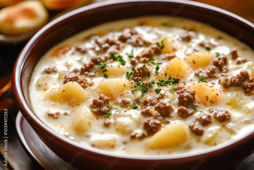Creamy potato hamburger soup with herbs Creamy potato hamburger soup with herbs