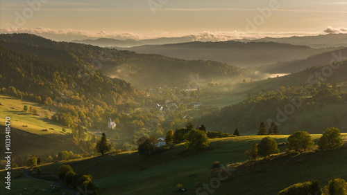 Aerial View of Vibrant Autumn in the Polish Countryside at the Foot of Tatra Mountains