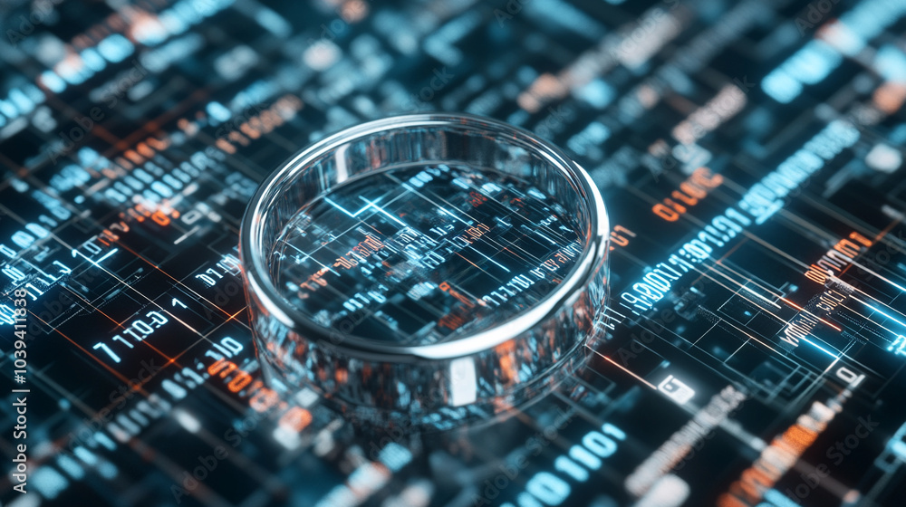 Exploring the depths of data a magnifying glass over binary code in a digital ocean Exploring the depths of data a magnifying glass over binary code in a digital ocean