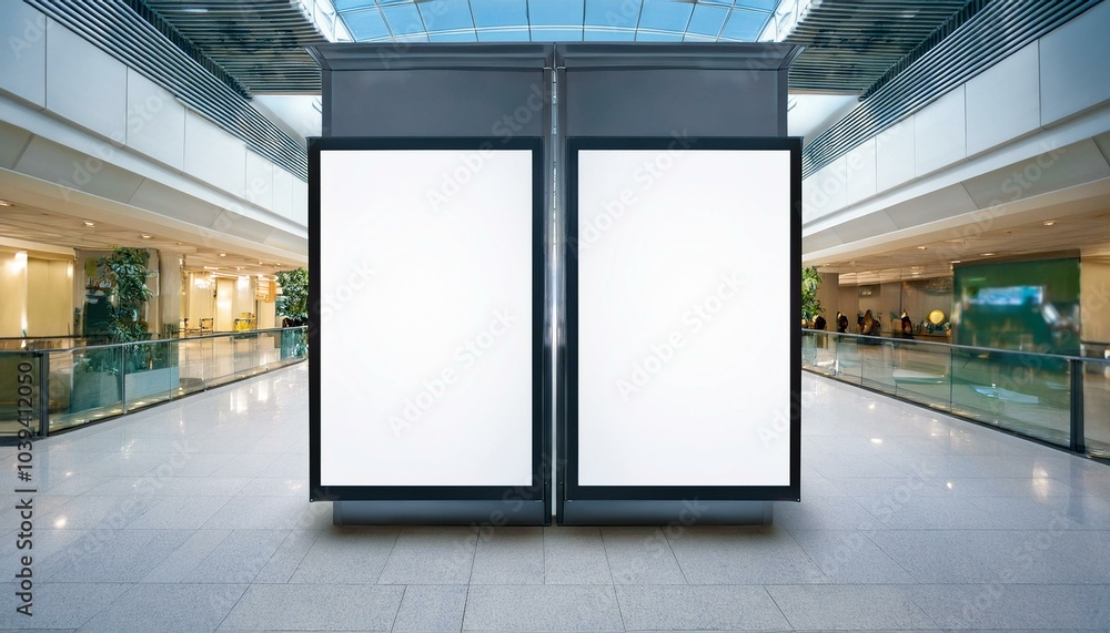 Double vertical white screens in modern mall setting for digital advertising display. 3D Rendering Double vertical white screens in modern mall setting for digital advertising display. 3D Rendering