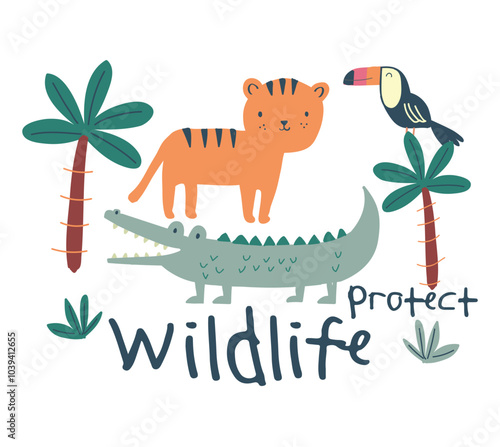 Protect wildlife as animals and plants set design vector