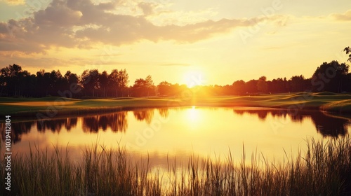 A modern golf course during a vibrant sunset with reflections on a tranquil lake, Golf clubs positioned amidst golden hues and mirrored waters, Sunset tranquility style