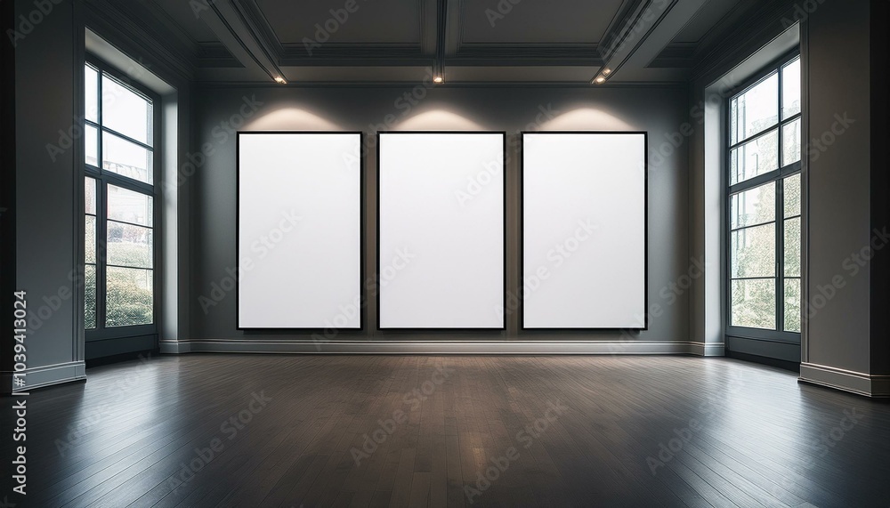 Minimalistic gallery interior with three empty banners Minimalistic gallery interior with three empty banners