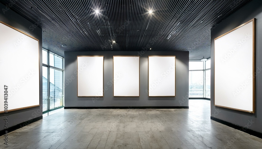 Minimalistic gallery interior with three empty banners Minimalistic gallery interior with three empty banners