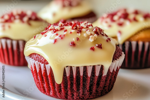 Delicious red velvet cupcakes adorned with rich frosting and spr photo