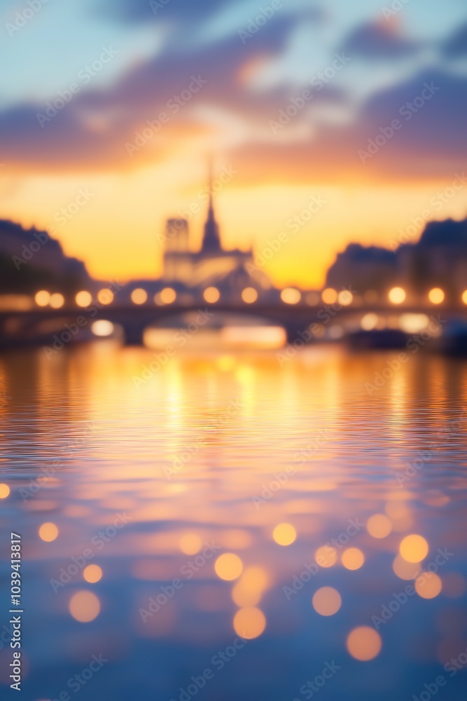 Naklejka premium Blurry Paris sunset with river reflections