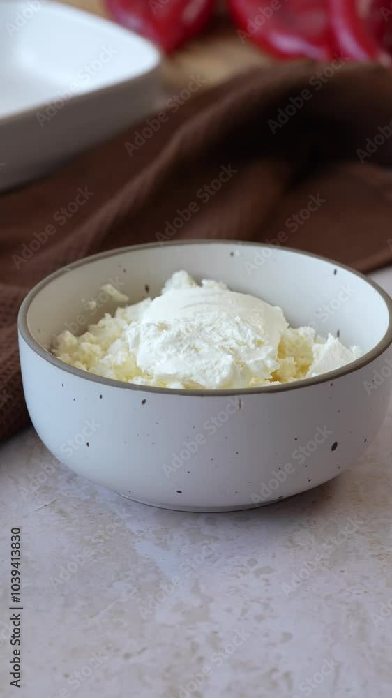 Vertical Screen: Close-up of a spoon scooping fresh white cheese from a bowl, set against a kitchen backdrop. Concept of homemade dairy products, traditional cooking, food preparation Vertical Screen: Close-up of a spoon scooping fresh white cheese from a bowl, set against a kitchen backdrop. Concept of homemade dairy products, traditional cooking, food preparation