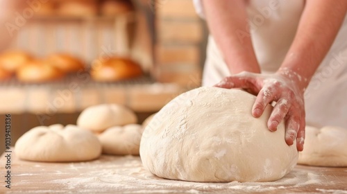 Baker kneading dough on wooden counter in artisan bakery setting.