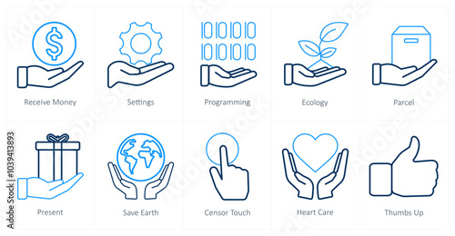 A set of 10 mix icons as receive money, settings, programming