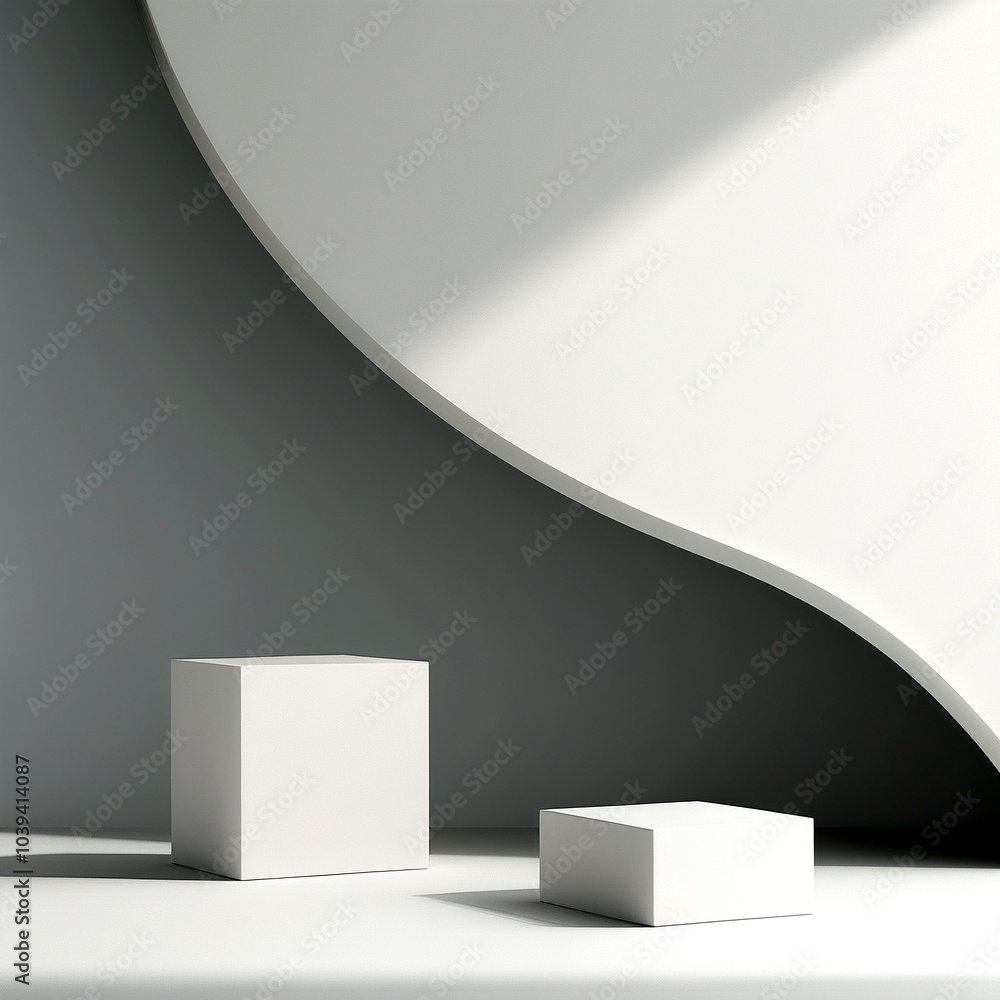 Fototapeta premium Minimalist display of geometric shapes in soft lighting within a modern setting