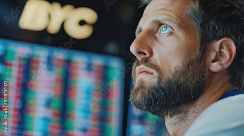 Pensive man observing stock market data on screen at BYC trading floor. photo