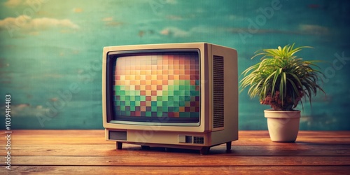 Retro Pixelated Monitor Screen Effect - Minimalist Photography with Vintage Aesthetic, Nostalgic Tech Vibes, Soft Focus, Simple Composition, and Distinctive Color Palette photo