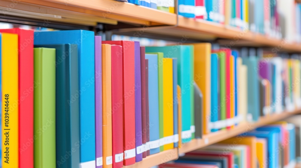 Colorful books on library shelves in neat rows. Colorful books on library shelves in neat rows.