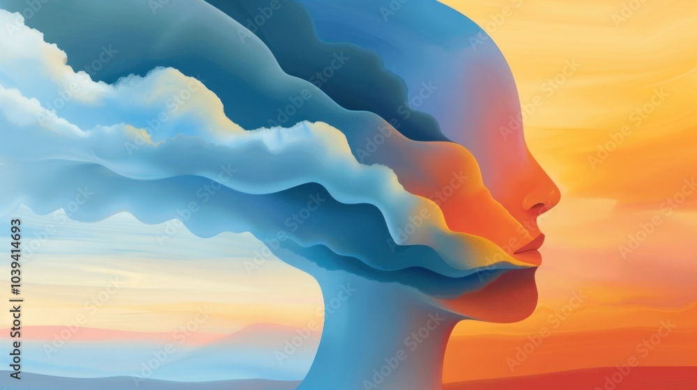 Surreal profile silhouette with vibrant abstract clouds and sky. Surreal profile silhouette with vibrant abstract clouds and sky.