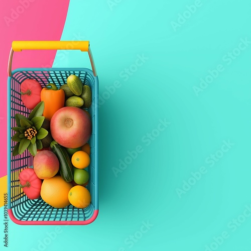 Colorful Fruit Basket with Fresh Produce and Copy Space on Bright Background photo