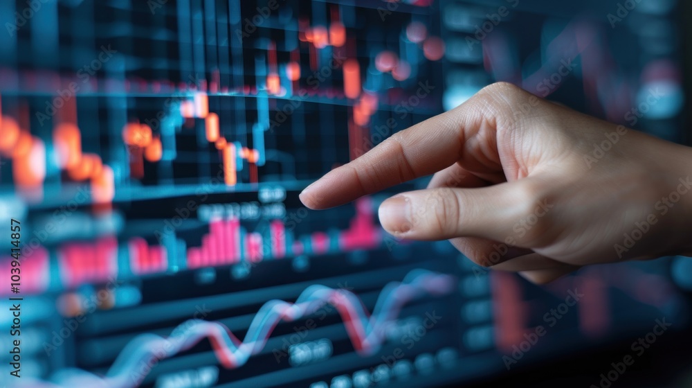 Hand pointing at digital stock market chart on blue screen display. Hand pointing at digital stock market chart on blue screen display.