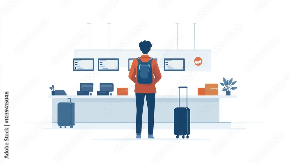 Traveler at modern airport check-in counter with luggage. Traveler at modern airport check-in counter with luggage.