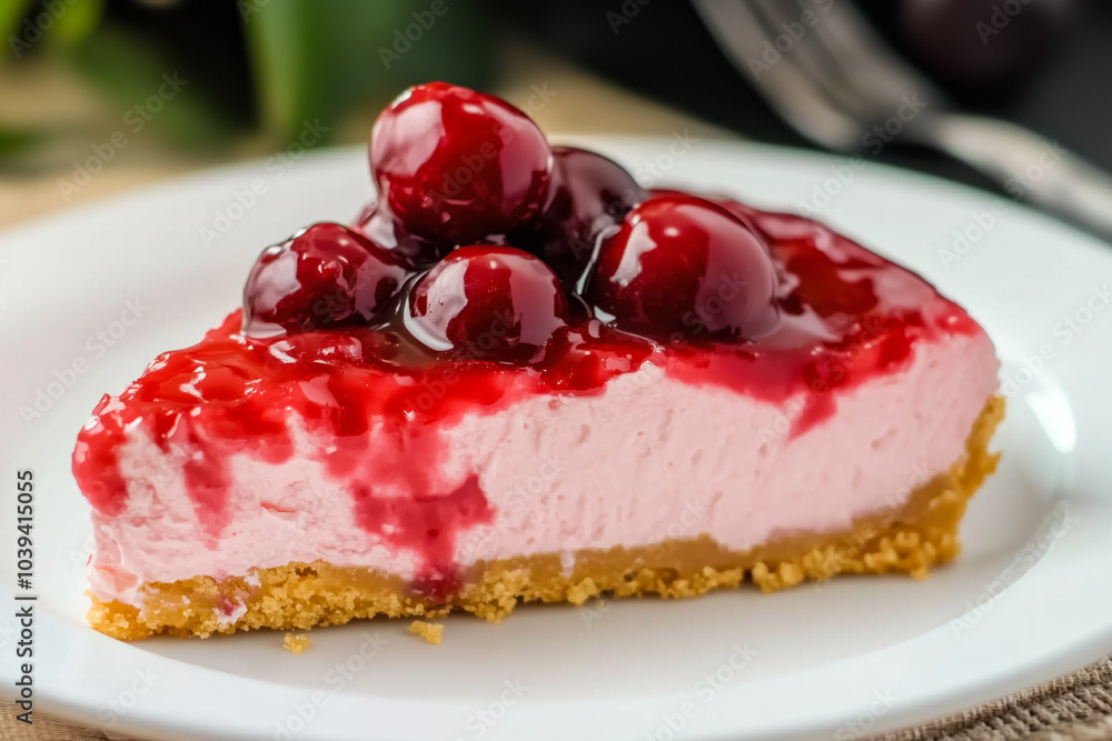 Cherry cheesecake slice topped with a berry compote Cherry cheesecake slice topped with a berry compote