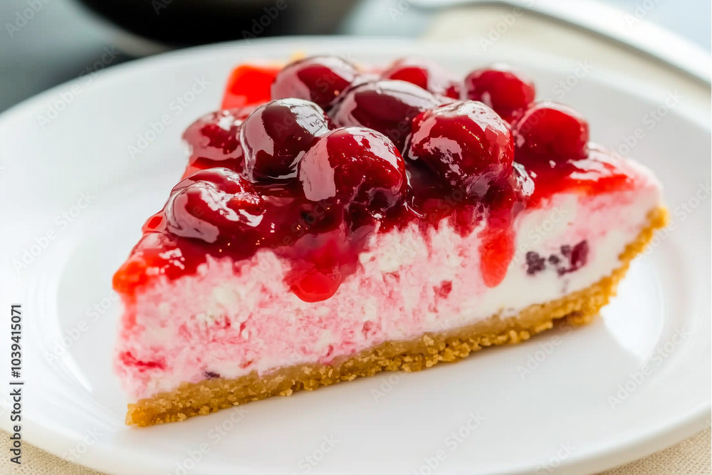 Slice of cherry cheesecake adorned with fresh berry topping Slice of cherry cheesecake adorned with fresh berry topping