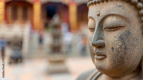 Close-up of serene stone Buddha statue with temple background.