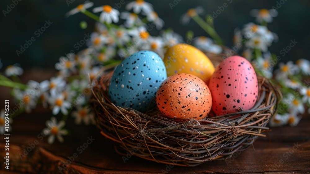 Colorful speckled easter eggs in a nest with daisies on wooden background Colorful speckled easter eggs in a nest with daisies on wooden background