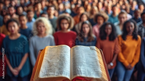 Open bible in focus with diverse congregation gathered in church