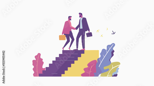Business mentor helps to improve career and holding stairs steps vector illustration, flat vector illustration, Mentorship