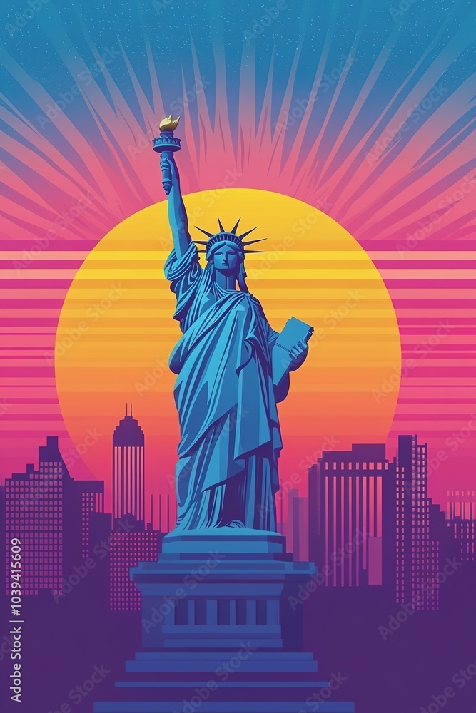 Fototapeta premium Vibrant sunset behind Statue of Liberty silhouette