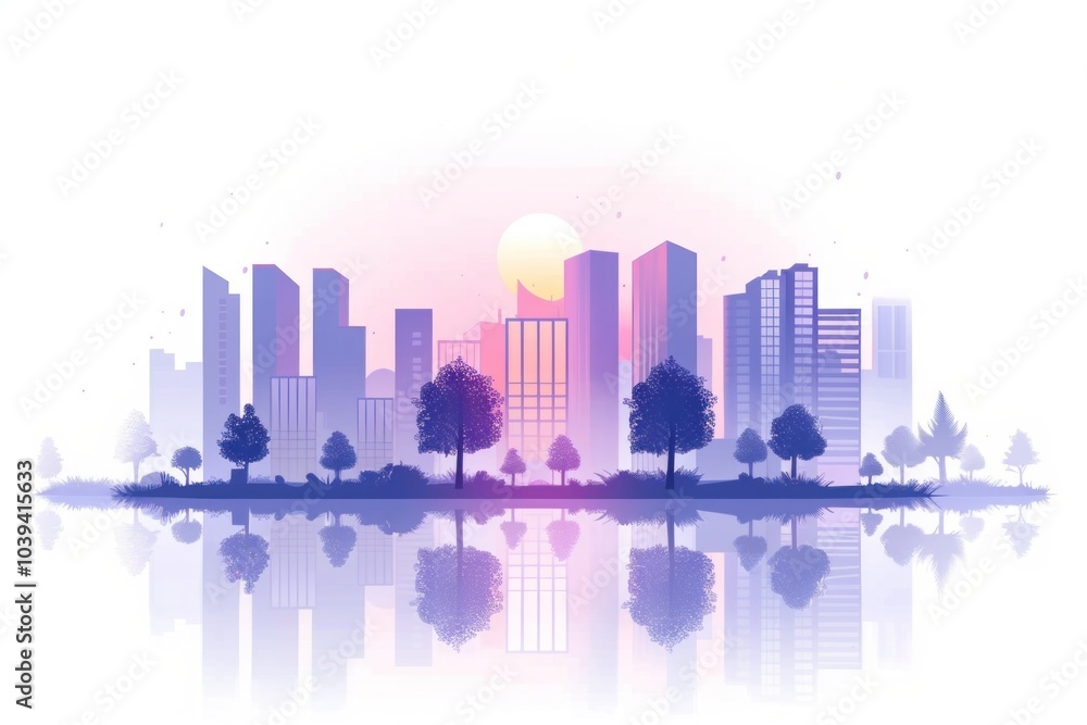 Fototapeta premium Sunset over modern cityscape with reflective water and silhouetted trees
