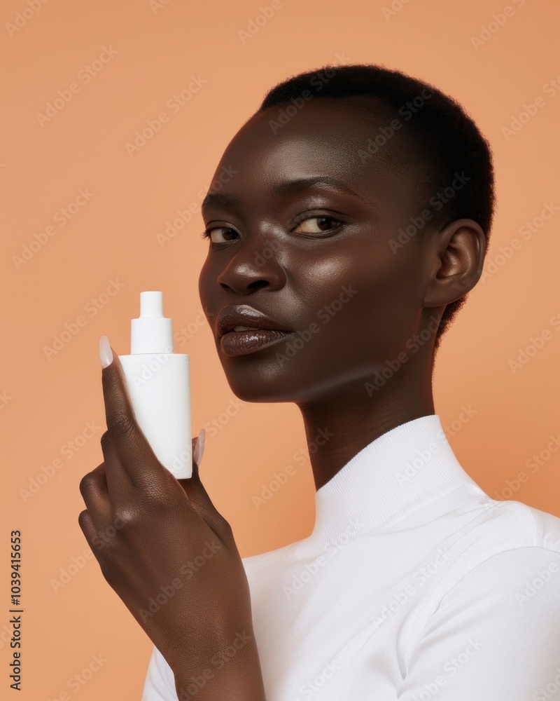 Portrait of a Black woman holding white spray bottle against orange background Portrait of a Black woman holding white spray bottle against orange background