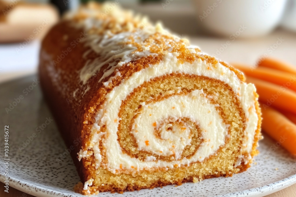 Roll cake filled with cream cheese and topped with frosting Roll cake filled with cream cheese and topped with frosting