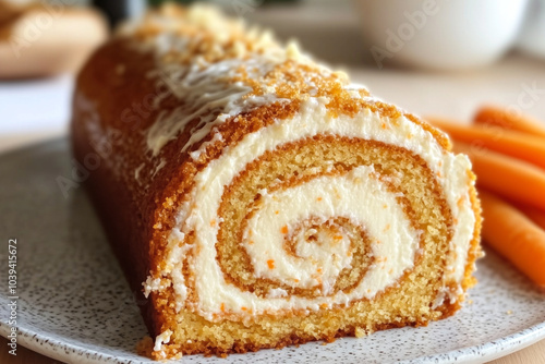 Roll cake filled with cream cheese and topped with frosting