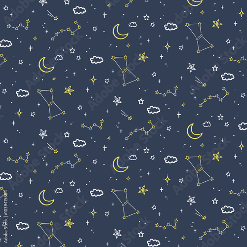 手描きの星や月　星空のパターンイラスト