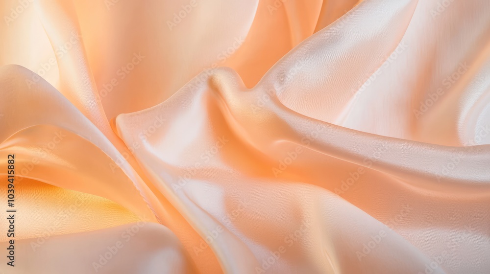 Fototapeta premium Luxurious Peach Fabric Backdrop with Soft Folds and Warm Light Illumination for Tranquil Atmosphere