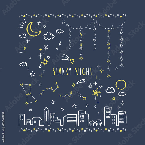 手描きの星や月とキラキラの夜空と街並みのイラストのセット