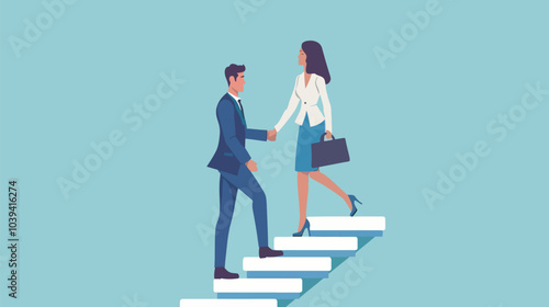 Business mentor helps to improve career and holding stairs steps vector illustration, flat vector illustration, Mentorship