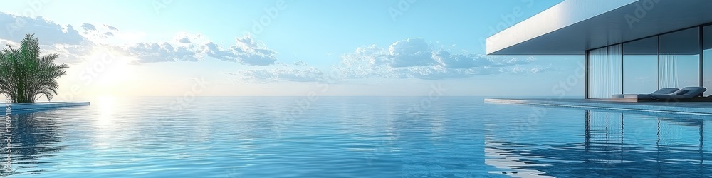 Fototapeta premium A serene infinity pool overlooking a tranquil ocean at sunrise.