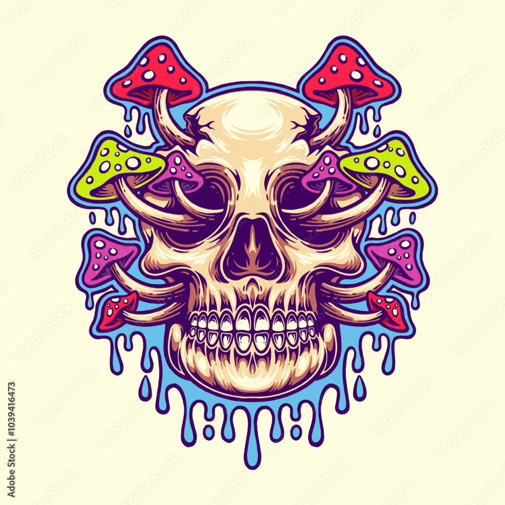 Fototapeta premium Skull and Mushrooms Vector Illustration