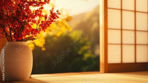 Japaneseinspired minimalist living room with a tatami mat sofa, sliding wooden doors, and minimalist decor, Zen simplicity, minimalist Japanese living room, serenity and balance photo