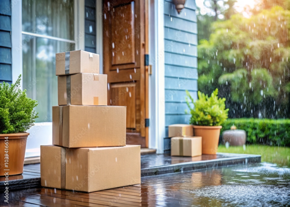 Stacked Shipping Boxes by Front Door in Rain - Weather Resistant Shipment Delivery with Panoramic View of Wet Entrance and Package Protection Stacked Shipping Boxes by Front Door in Rain - Weather Resistant Shipment Delivery with Panoramic View of Wet Entrance and Package Protection