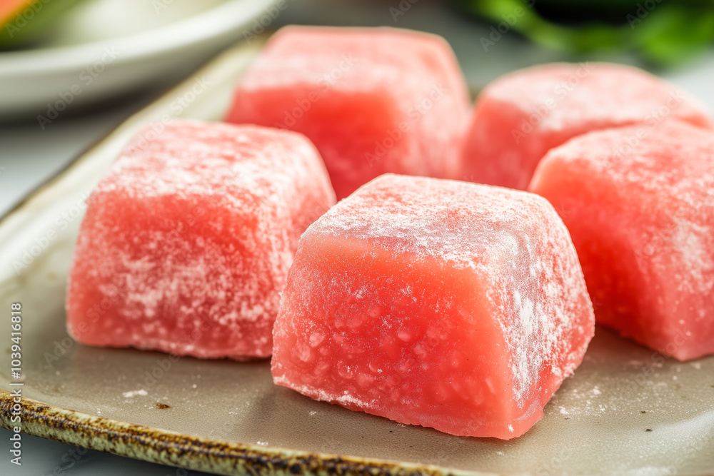 Pink mochi cubes on a plate close-up