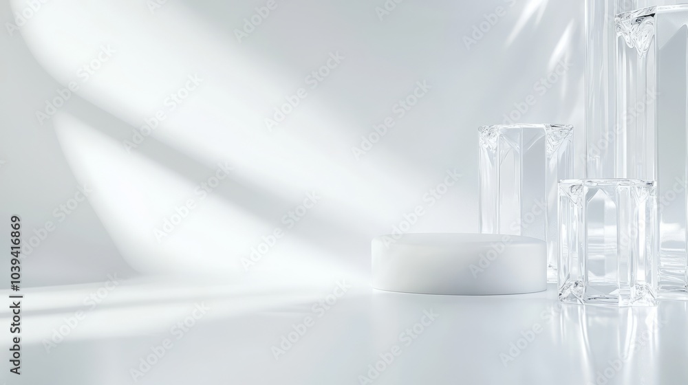 Luxe Reflections - High-end Skincare Mockup with Crystals on Glossy White Surface in Cinematic Light Luxe Reflections - High-end Skincare Mockup with Crystals on Glossy White Surface in Cinematic Light