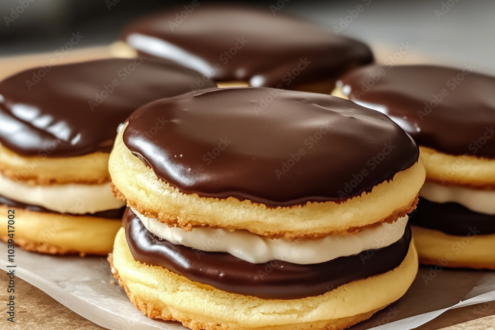 Sandwich cookies with cream filling coated in chocolate Sandwich cookies with cream filling coated in chocolate