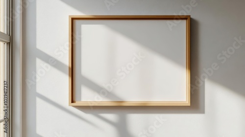 close up, light wooden one horizontal frame mockup hanging on white kitchen wall, sunlight coming in from the left
