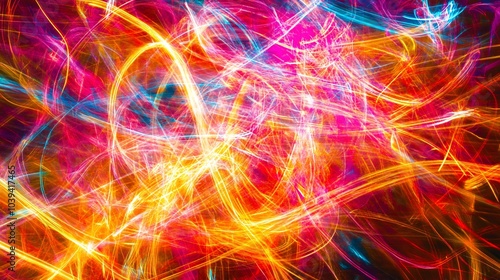 Abstract background of glowing, blurred, bright, yellow, orange, red, and blue light streaks.