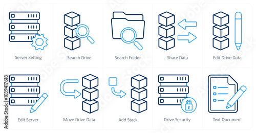 A set of 10 mix icons as server setting, search drive, search folder