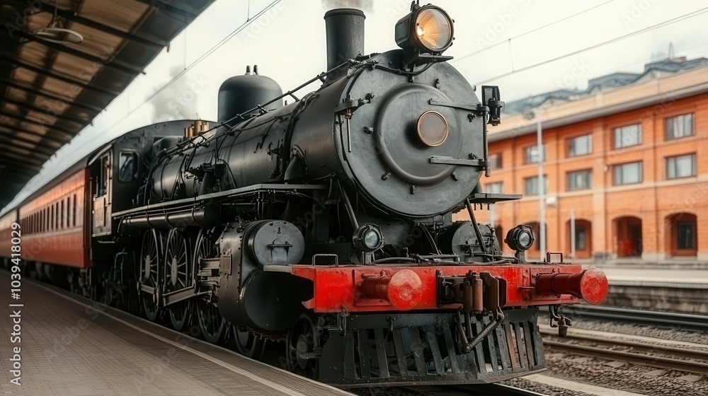 Naklejka premium Photo of a steam locomotive at a train station in the Victorian era, nostalgic, old, industrial design, iconic, romantic, Steam Engine photography