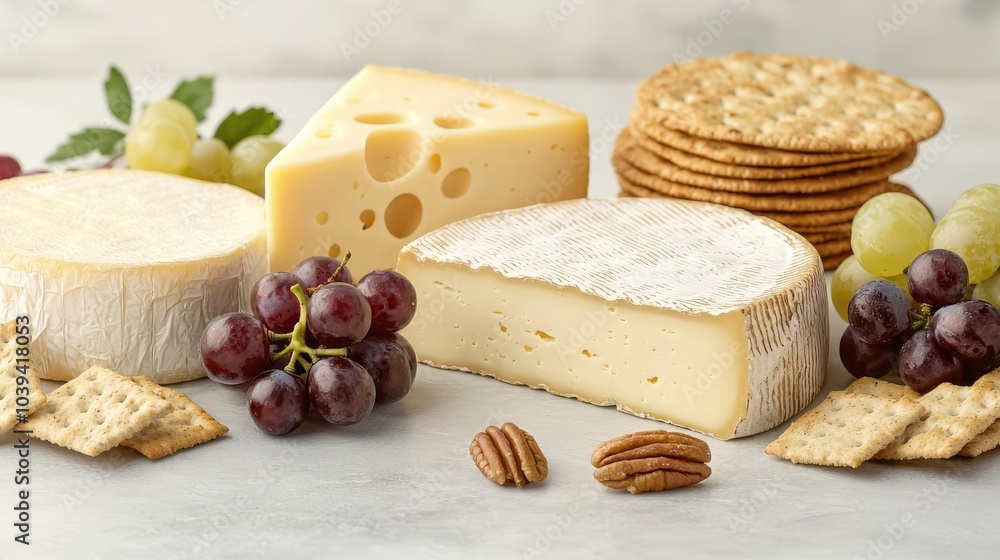 Assorted cheeses, grapes, crackers, and nuts on a light background. Assorted cheeses, grapes, crackers, and nuts on a light background.