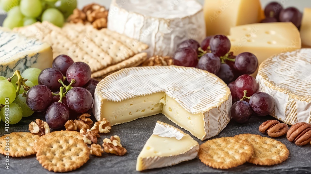 Assorted cheese platter with grapes, nuts, and crackers on a rustic table. Assorted cheese platter with grapes, nuts, and crackers on a rustic table.