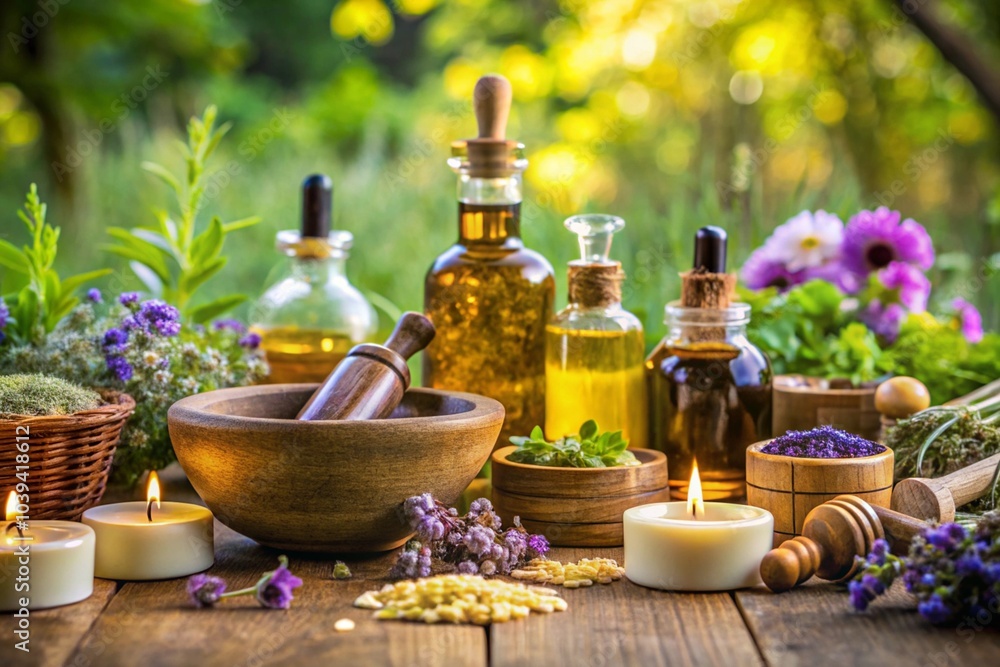 A table is set with various oils, candles, and herbs